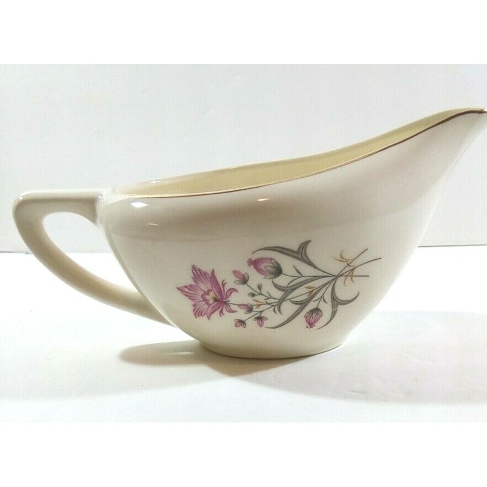 Vintage Gravy Boat with Floral Pattern and Gold Rim - No Makers Mark